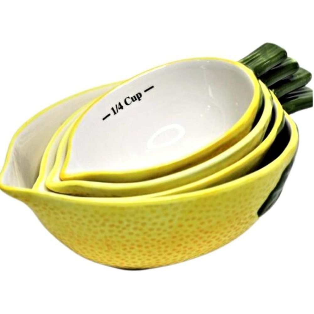 Lemon Measuring Cups Ceramic Whimsical Cottagecore Grandmacore Yellow Set of 4